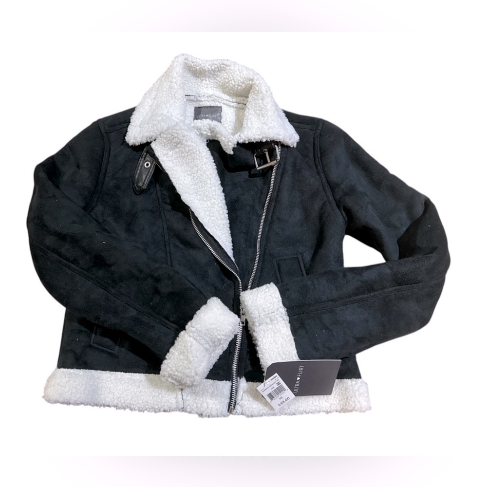 Ultra Flirt Faux Suede Aviator Jacket Girls XS Faux Fur Lined Black Outerwear